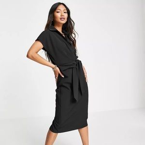 ASOS DESIGN collared wrap front midi dress with knot in black